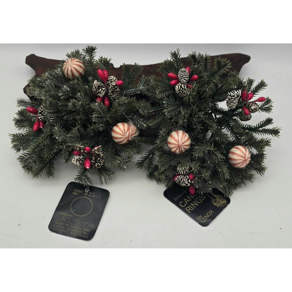 2 Vintage Christmas Holiday Pine Candle Ring by Lenox with Tags